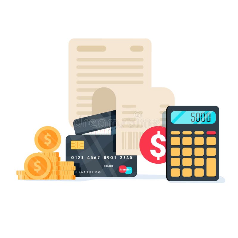 Cuentas, tarjetas de crédito y calculadora: finanzas, impuestos y concepto caseros personales de los pagos stock de ilustración Cuentas, tarjetas de crédito y calculadora: finanzas, impuestos y concepto caseros personales de los pagos stock de ilustración