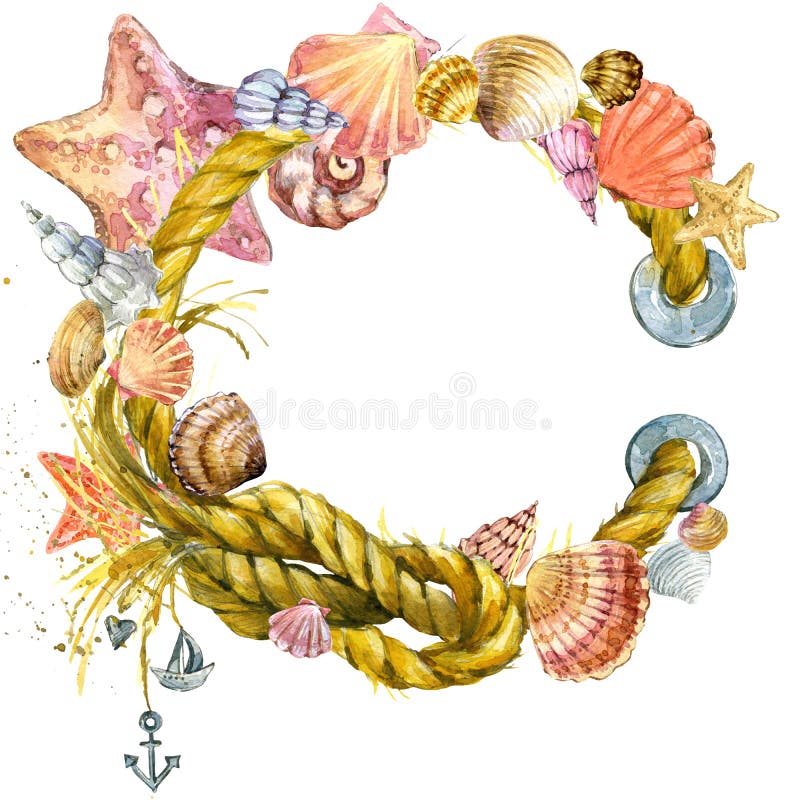 Seashell and sea ship rope background, watercolor illustration background. Seashell and sea ship rope background, watercolor illustration background