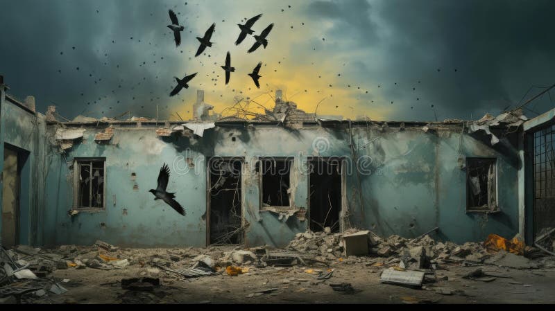 Cuervos en un edificio escolar en ruinas. el concepto de disminución de la ayuda a la educación generado