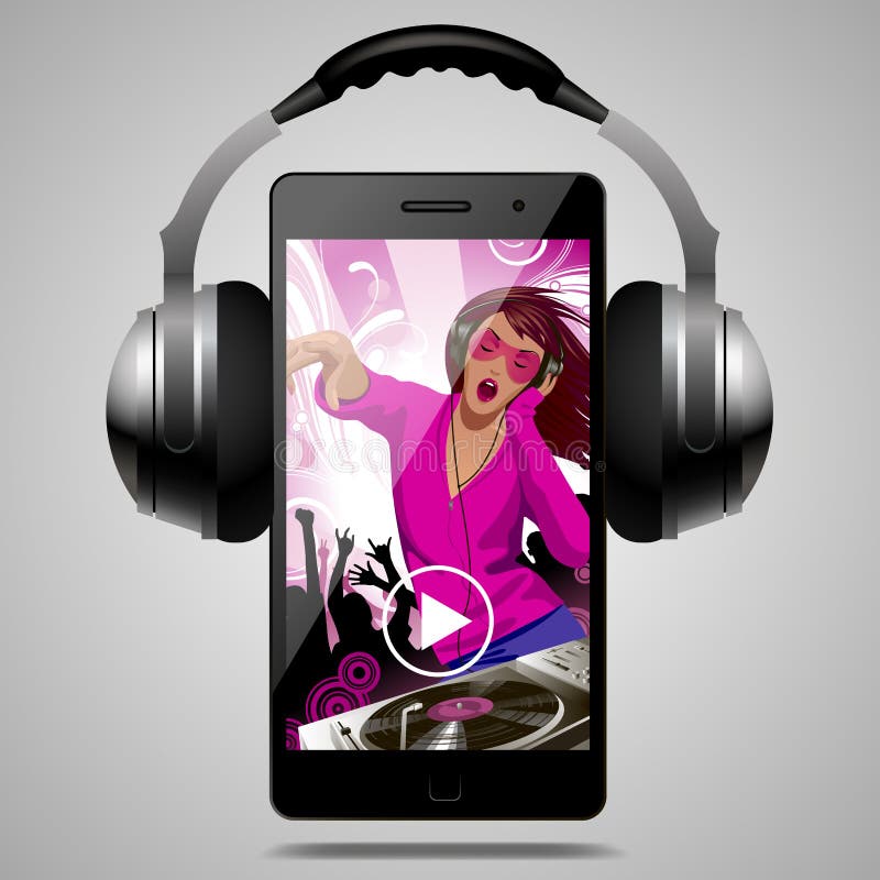 Cuffie con il telefono moderno con la ragazza e la gente del DJ che ballano a royalty illustrazione gratis Cuffie con il telefono moderno con la ragazza e la gente del DJ che ballano a royalty illustrazione gratis