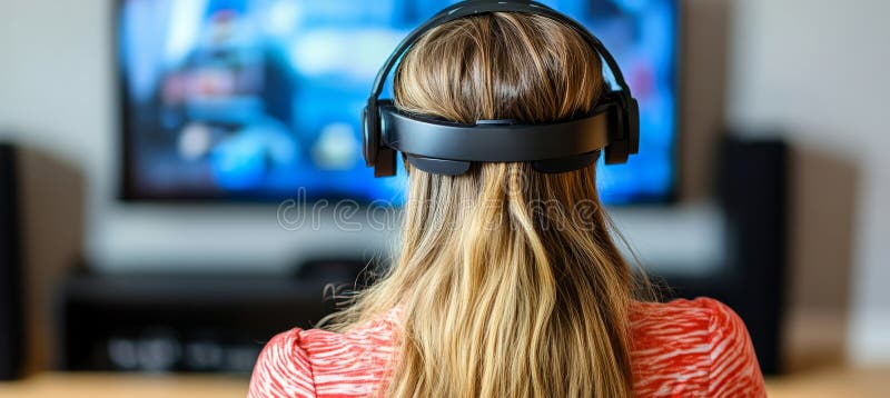 Cuffie VR per donna che sperimenta la tecnologia di intrattenimento virtuale in casa illustrazione vettoriale