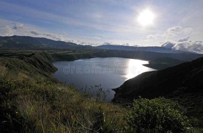 Cuicocha Kichwa: Kuykucha, `lake of guinea pigs` or Kuychikucha, `rainbow lake is a 3 km 2 mi wide caldera and crater lake at the foot of Cotacachi Volcano in the Cordillera Occidental of the Ecuadorian Andes. Its name comes from the Kichwa indigenous language and means `Lago del Cuy` or Guinea Pig Laguna in English. Cuicocha Kichwa: Kuykucha, `lake of guinea pigs` or Kuychikucha, `rainbow lake is a 3 km 2 mi wide caldera and crater lake at the foot of Cotacachi Volcano in the Cordillera Occidental of the Ecuadorian Andes. Its name comes from the Kichwa indigenous language and means `Lago del Cuy` or Guinea Pig Laguna in English