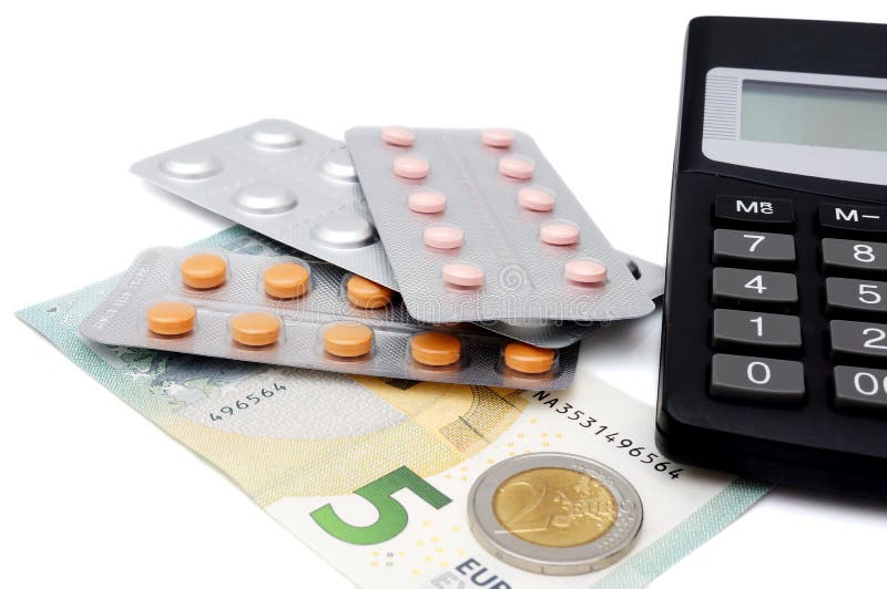 Cuidados médicos caros com comprimidos, calculadora, dinheiro fotos de stock royalty free
