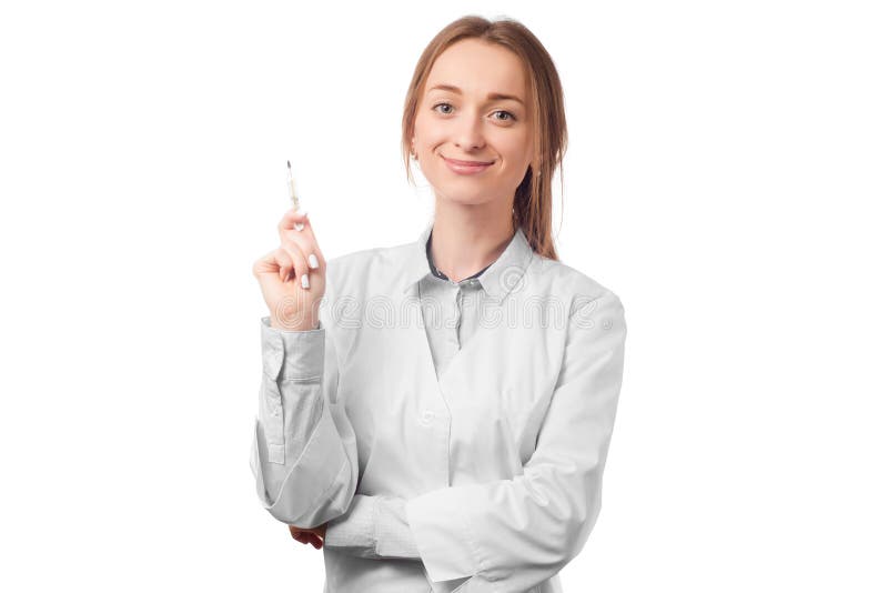 Cuide a la mujer en la capa blanca del laboratorio con el termómetro imagenes de archivo Cuide a la mujer en la capa blanca del laboratorio con el termómetro imagenes de archivo