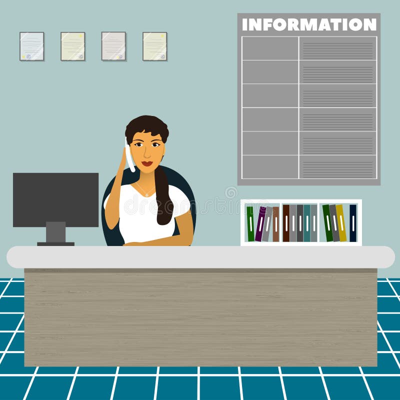 Cuide a la secretaria consultiva del oficinista del administrador que se sienta en la tabla en la recepción y hable en el teléfon libre illustration Cuide a la secretaria consultiva del oficinista del administrador que se sienta en la tabla en la recepción y hable en el teléfon libre illustration