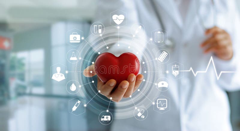 Cuide llevar a cabo forma roja del corazón disponible y el icono médico fotos de archivo Cuide llevar a cabo forma roja del corazón disponible y el icono médico fotos de archivo