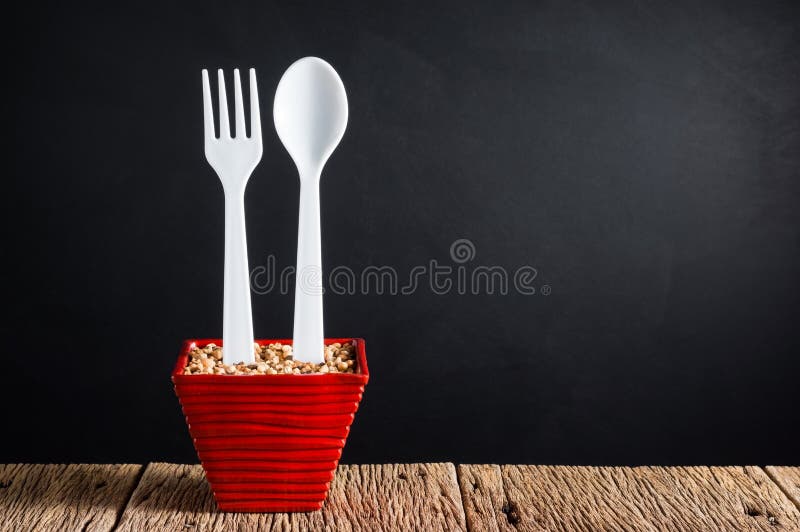 Cuillère Et Fourchette Dans Le Pot De Fleur Image stock - Image du
