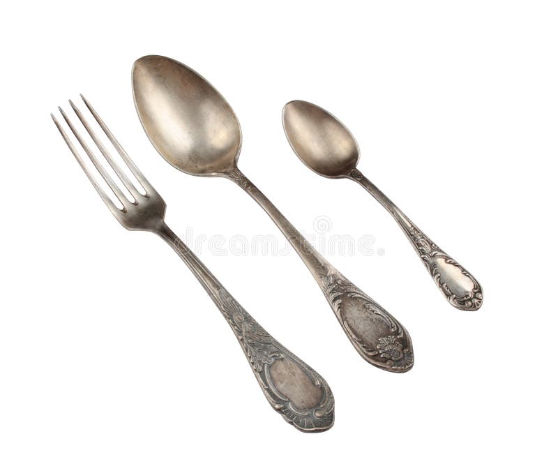 Cuillère argentée, fourchette et cuillère à café image stock Cuillère argentée, fourchette et cuillère à café image stock