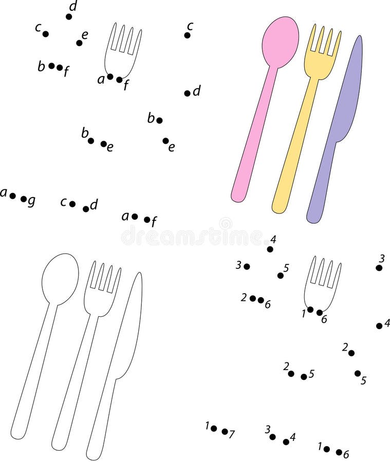 Cuillère, couteau et fourchette de bande dessinée Livre de coloriage et point pour pointiller le jeu illustration de vecteur Cuillère, couteau et fourchette de bande dessinée Livre de coloriage et point pour pointiller le jeu illustration de vecteur