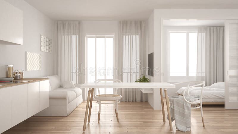 Cuisine et salon minimaux modernes avec la chambre à coucher dans le backg illustration libre de droits