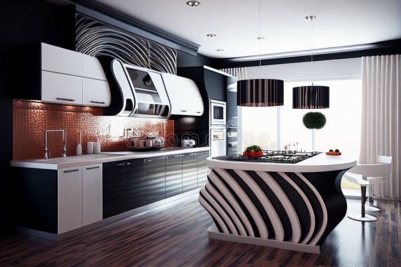 Cuisine moderne de luxe noir et blanc. immobilier. agent immobilier. décorateur intérieur. installation à domicile.