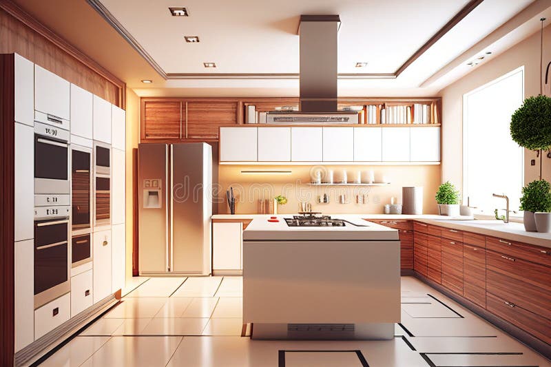 Cuisine moderne en bois et blanc avec plantes. immobilier. agent immobilier. décorateur intérieur. installation à domicile.