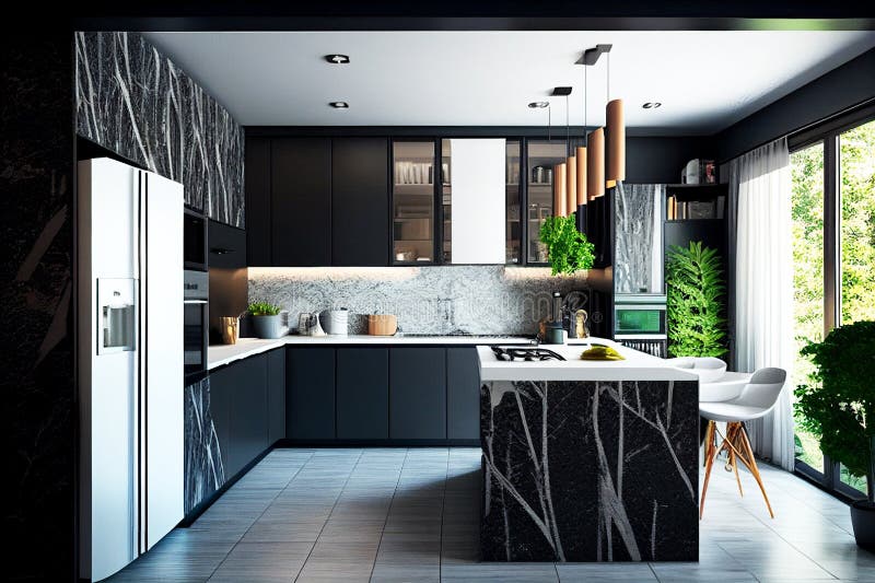 Cuisine moderne et moderne noir et blanc avec plantes. immobilier. agent immobilier. décorateur intérieur. installation à domicile