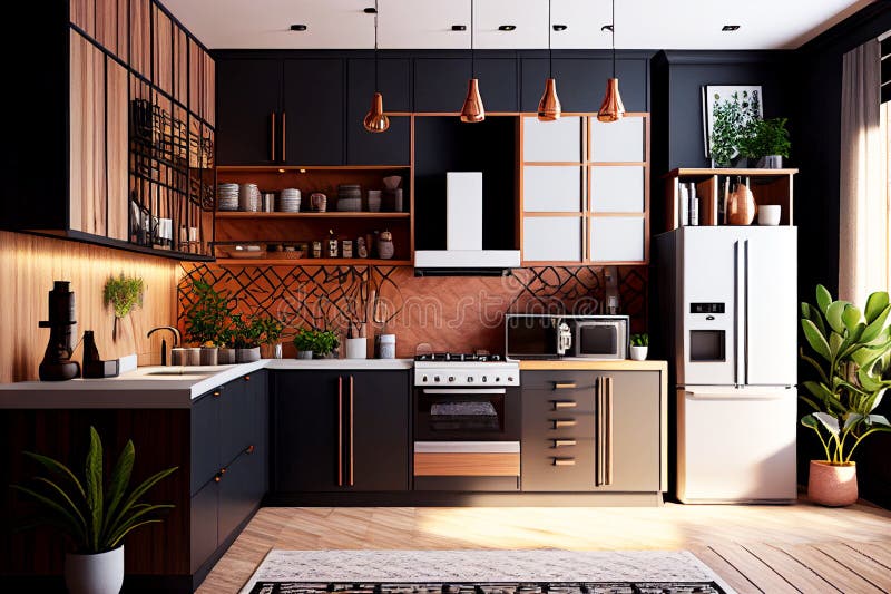 Cuisine moderne et moderne noir et orange avec plantes. immobilier. agent immobilier. décorateur intérieur. installation à domicil