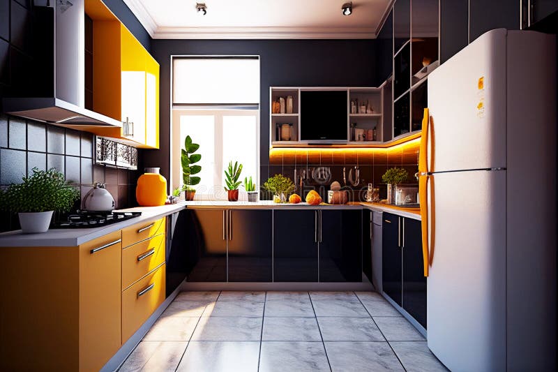 Cuisine moderne noire et jaune avec plantes et chaises blanches. immobilier. agent immobilier. décorateur intérieur. installation