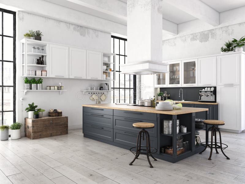 Cuisine nordique moderne en appartement de grenier rendu 3d photo stock Cuisine nordique moderne en appartement de grenier rendu 3d photo stock