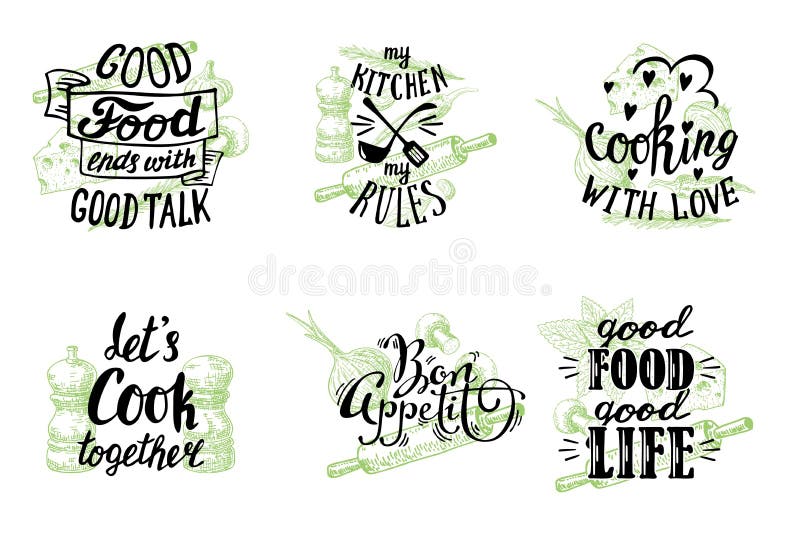 Set of hand drawn funny sayings for kitchen or restaurant poster Stock  Vector by ©chiociolla 296353102