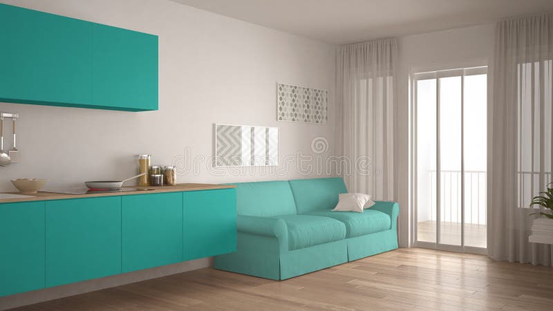 Cuisine scandinave avec le sofa, le plancher de parquet en bois, blanc et illustration de vecteur Cuisine scandinave avec le sofa, le plancher de parquet en bois, blanc et illustration de vecteur