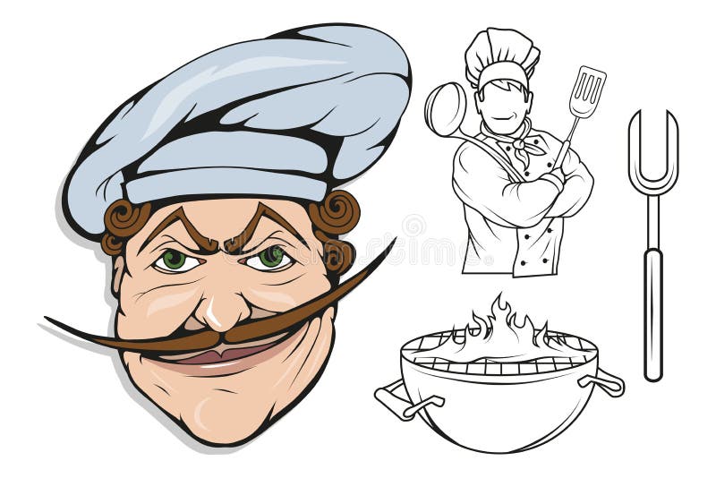 Cuisinier de chef se tenant dans une pose différente, patron de restaurant, chef de bande dessinée dans l'uniforme, logo de cuisi