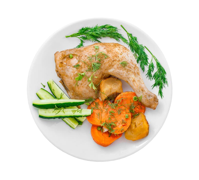 Fried chicken thigh with vegetables on a white plate top view, isolated on white background with clipping path. Fried chicken thigh with vegetables on a white plate top view, isolated on white background with clipping path.