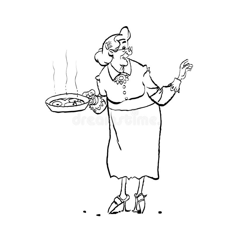 Cuisson de grand-maman Bande dessinée de vieille mamie tenant une casserole