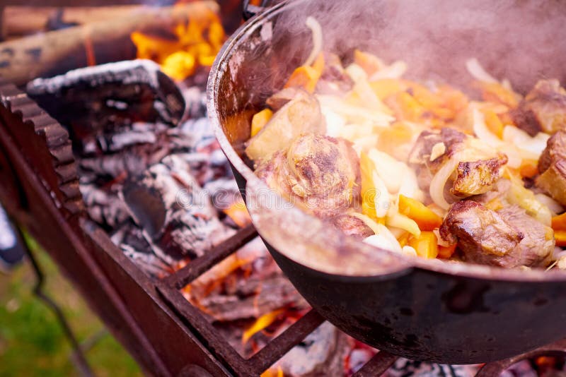 Cuisson de la viande avec des légumes sur le feu images libres de droits Cuisson de la viande avec des légumes sur le feu images libres de droits