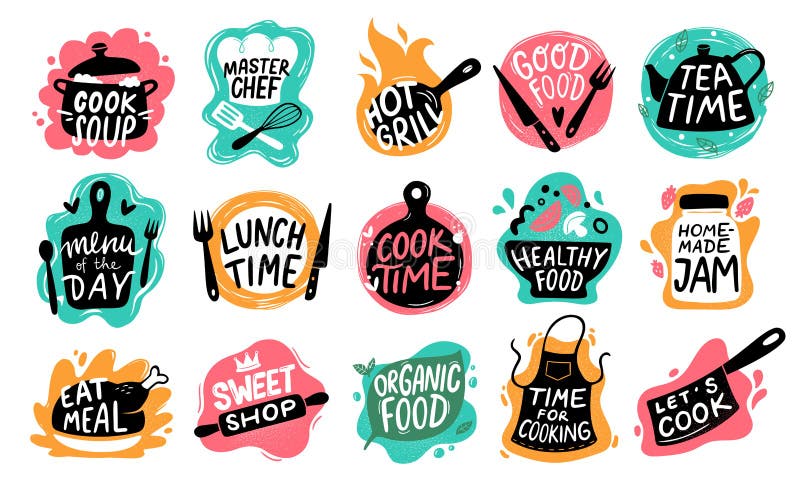 Cuisson du lettrage de nourriture Logos d'insigne de cuisine, typographie de cuisson de nourritures et ensemble de vecteur de lab