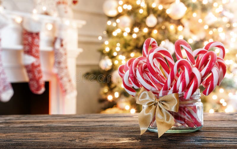 Candy canes in the glass jar on the christmas table with copy space. Candy canes in the glass jar on the christmas table with copy space