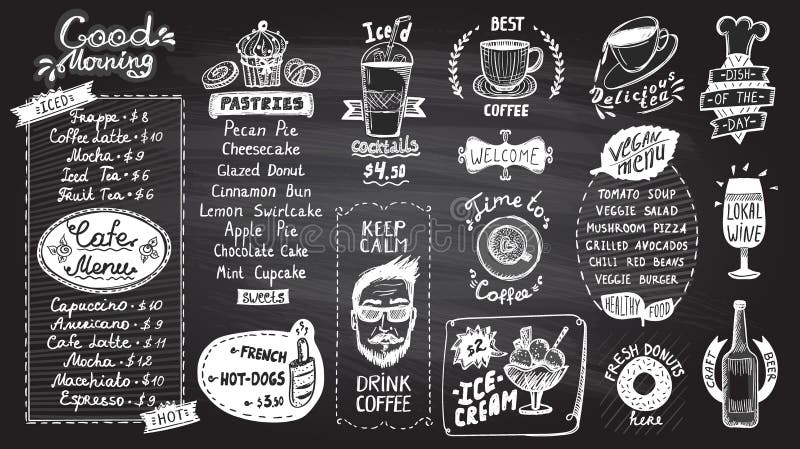 Cukierniany menu chalkboard projekta set, symbole, ręka rysujący kreskowej grafiki ilustraci z, weganinu menu, kawy, herbaty, i c