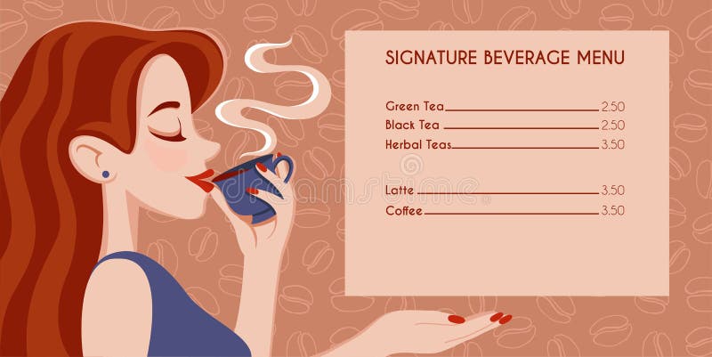 Cukierniany menu projekt Piękna dziewczyna Pije herbaty lub kawy na tło kawowych fasoli wzorze ilustracja wektor Cukierniany menu projekt Piękna dziewczyna Pije herbaty lub kawy na tło kawowych fasoli wzorze ilustracja wektor