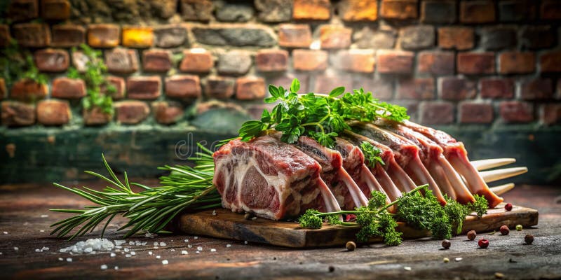 A Culinary Adventure Exploring Urban Textures with a Raw Rack of Lamb and Fresh Herbs a Stunning Visual royalty free illustration