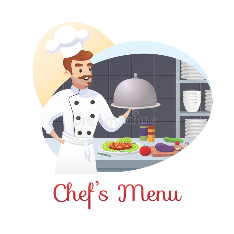 Culinary Concept Illustration Restaurant Business. Banner Vector Cartoon  Character Master Shef Cook Holding Ready Dish For Issuing Restaurant  Visitor Against Background Their Workplace Royalty Free SVG, Cliparts,  Vectors, and Stock Illustration. Image