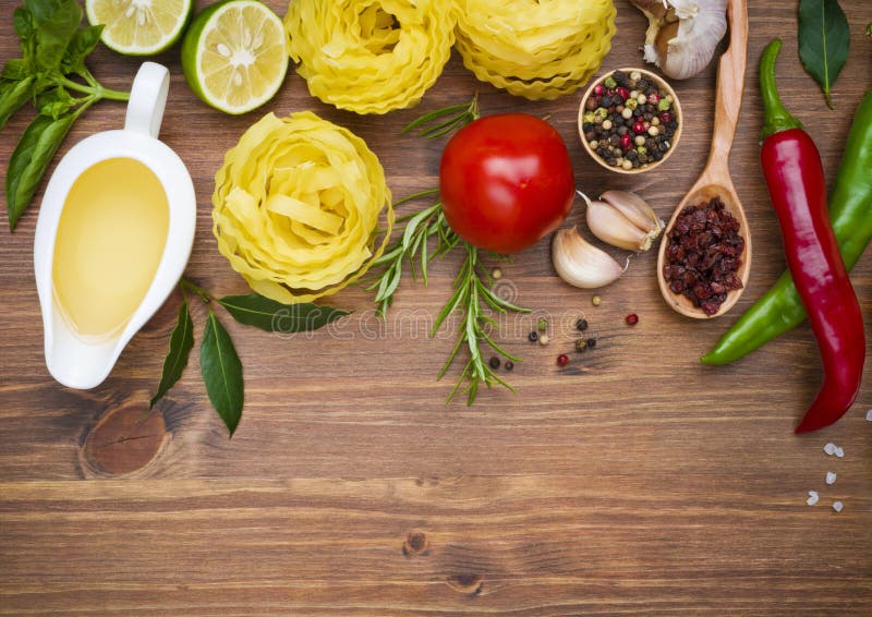 Culinary food ingredients on wooden table