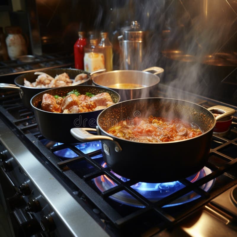 Culinary Performance Pots at Work on the Kitchen Gas Stove Stock