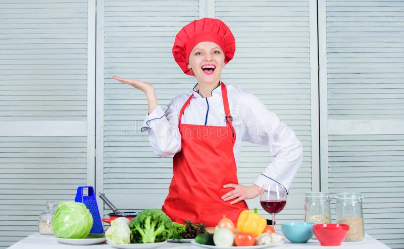 Culinary Show Concept. Woman Pretty Chef Wear Hat and Apron. Delicious ...