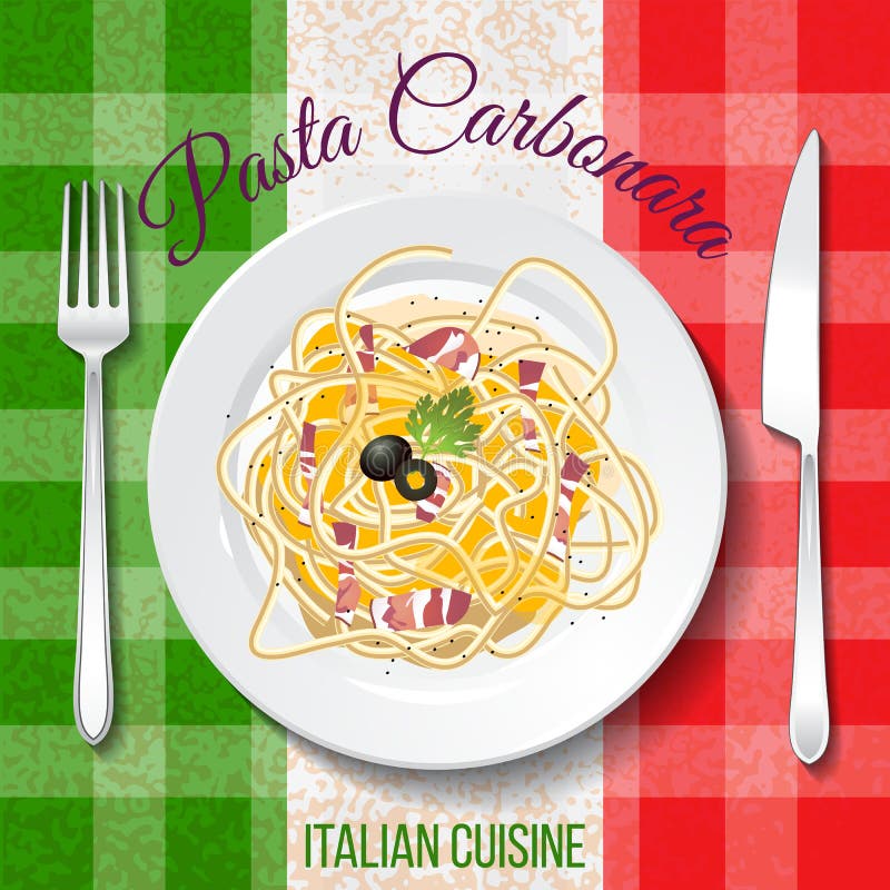 Traditional Italian cuisine. Close up top front view. Hundred carbonara on table with flag tablecloth. Spaghetti with bacon, eggs and cheese on the plate. Traditional Italian cuisine. Close up top front view. Hundred carbonara on table with flag tablecloth. Spaghetti with bacon, eggs and cheese on the plate