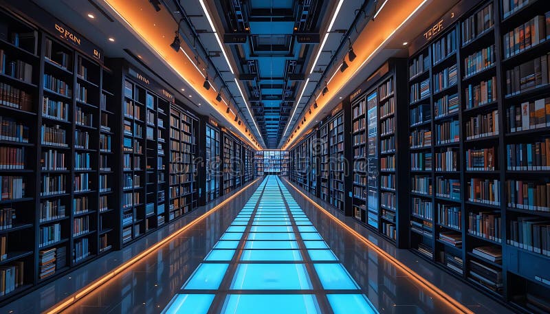 Culoar modern al bibliotecii, iluminat cu podea din sticlă albastră stock illustration