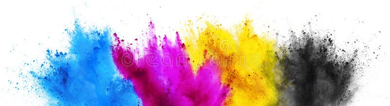Culoare colorată cmyk cyan magenta yellow key holi pictează pulberea color concept de fundal alb izolat stock photo