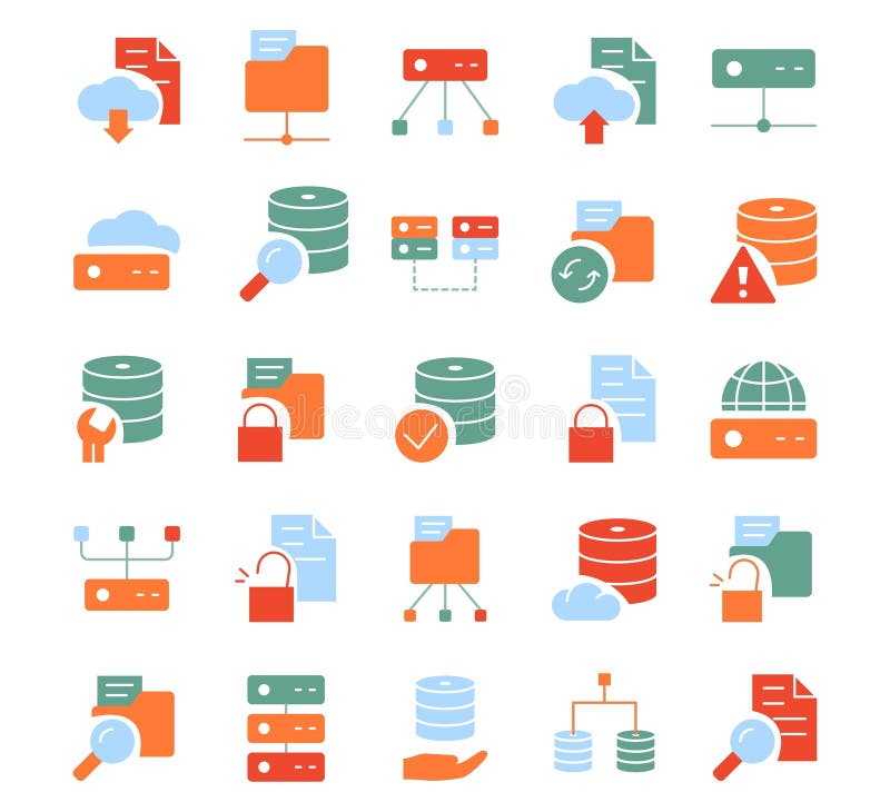 Culoare pentru baza de date și tehnologia datelor. Pictograme pentru culori pentru baze de date și tehnologia datelor. stocarea în cloud a informațiilor și protecția datelor cu caracter personal. acces la serverele corporative. ilustrații vectoriale plate din desene animate, izolate pe fond alb