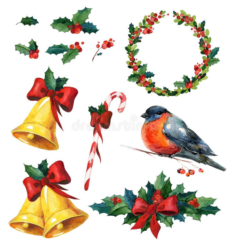 Culoarea apei de Crăciun cu Holly Red Winter Bird Bullfinch Wreath Golden Bells și Candy Cane royalty free illustration