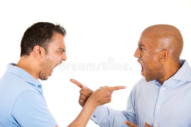 Closeup portrait of two guys angry pointing fingers at each other and blaming for problems, isolated on white background. Closeup portrait of two guys angry pointing fingers at each other and blaming for problems, isolated on white background