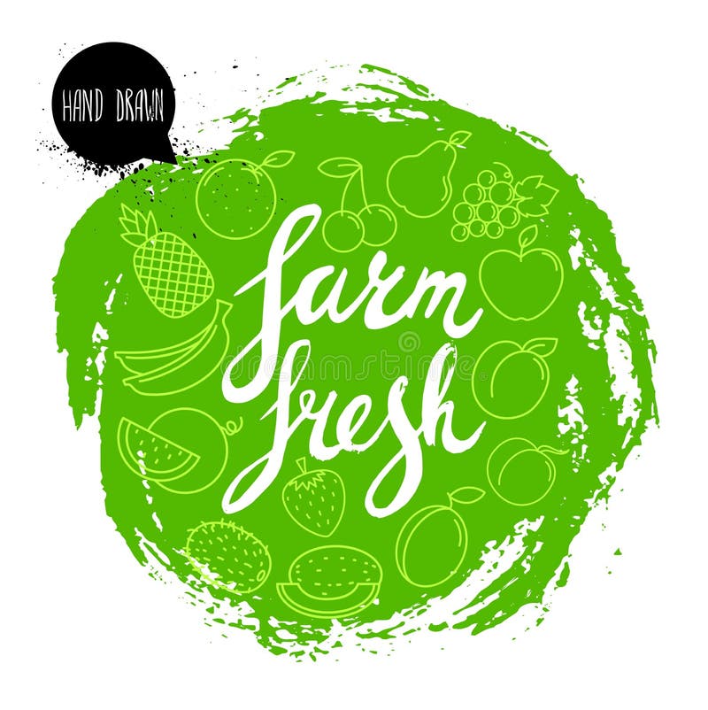 Cultive mão fresca a frase escrita com frutos no círculo áspero verde estilizado Linha ícones de frutos e de bagas ilustração royalty free Cultive mão fresca a frase escrita com frutos no círculo áspero verde estilizado Linha ícones de frutos e de bagas ilustração royalty free