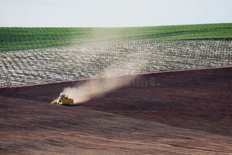 A tractor getting the land ready for planting. A tractor getting the land ready for planting.