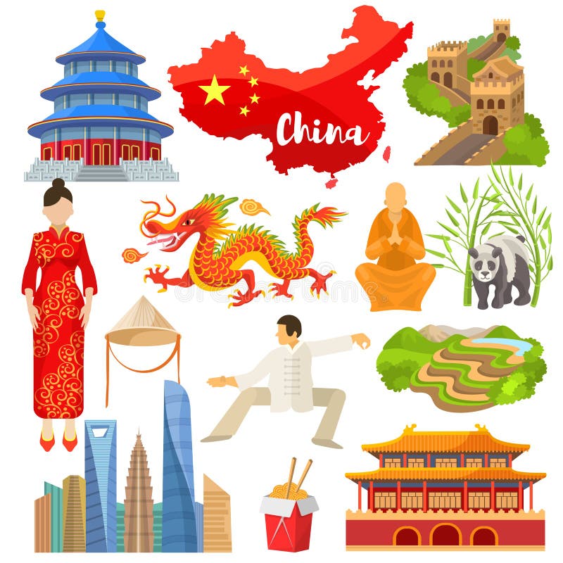 Cultura chinesa do vetor de China em Ásia e em Grande Muralha do grupo da ilustração de China de dragão asiático da panda dos sím ilustração royalty free Cultura chinesa do vetor de China em Ásia e em Grande Muralha do grupo da ilustração de China de dragão asiático da panda dos sím ilustração royalty free