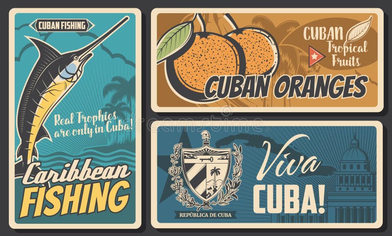 Cuba travel, culture landmarks and entertainment. Cuban tropical orange fruits, caribbean fishing tours, Cuba map, flag and coat of arms, Capitol building vintage vector posters. Cuba travel, culture landmarks and entertainment. Cuban tropical orange fruits, caribbean fishing tours, Cuba map, flag and coat of arms, Capitol building vintage vector posters