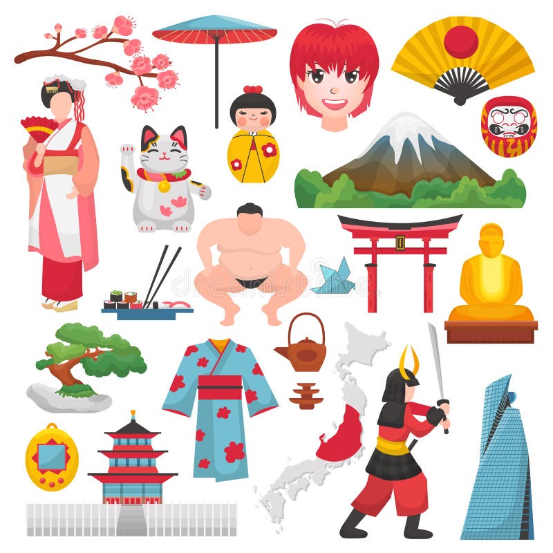 Cultura y geisha japoneses del vector de Japón en kimono con el flor Sakura en el sistema del ejemplo de Tokio de los símbolos de libre illustration Cultura y geisha japoneses del vector de Japón en kimono con el flor Sakura en el sistema del ejemplo de Tokio de los símbolos de libre illustration