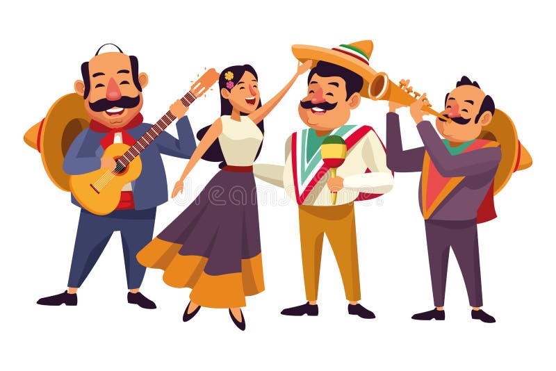 Mexican food and tradicional culture with a mariachis woman singing with roses in her hair, man with mexican hat, moustache and guitar, man with mexican hat, moustache and maracas and man with mexican hat, moustache and trumpet avatar cartoon character portrait vector illustration graphic design. Mexican food and tradicional culture with a mariachis woman singing with roses in her hair, man with mexican hat, moustache and guitar, man with mexican hat, moustache and maracas and man with mexican hat, moustache and trumpet avatar cartoon character portrait vector illustration graphic design