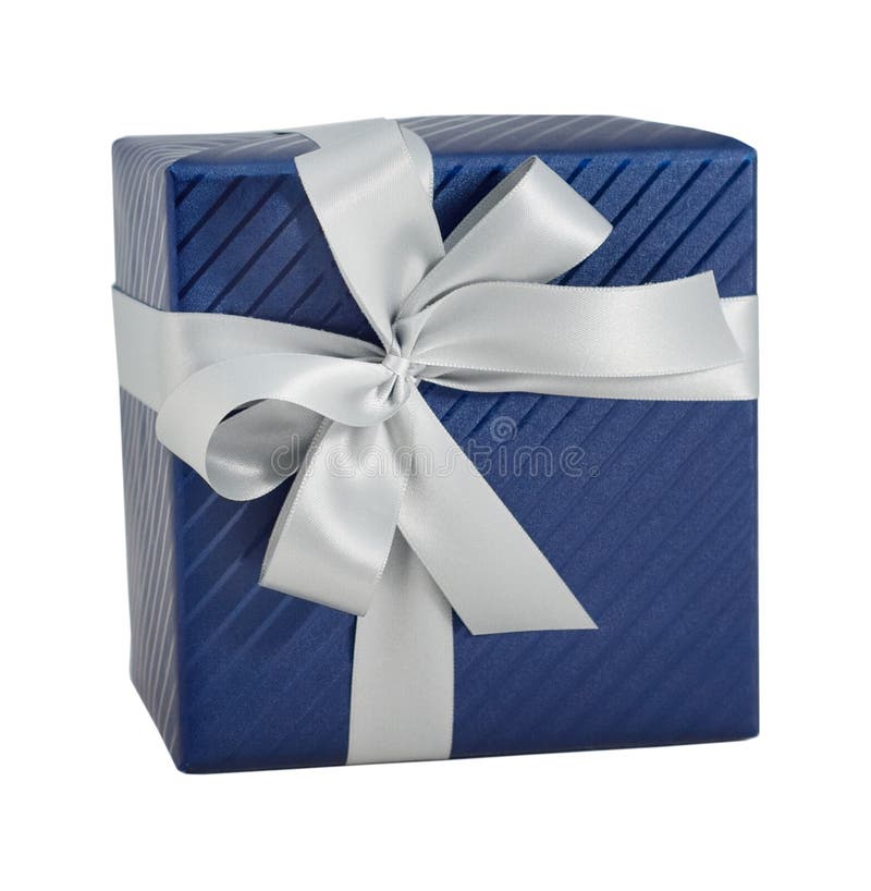 Cumpleaños blanco de papel brillante azul de la Navidad del presente de la cinta de la caja de regalo del abrigo aislado imagenes de archivo Cumpleaños blanco de papel brillante azul de la Navidad del presente de la cinta de la caja de regalo del abrigo aislado imagenes de archivo