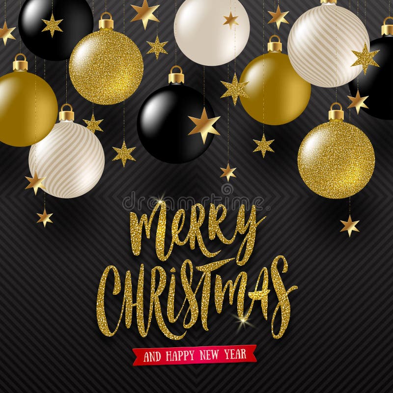 Cumprimento caligráfico do Natal, estrelas douradas e quinquilharias do Natal do ouro do preto, do branco e do brilho ilustração royalty free Cumprimento caligráfico do Natal, estrelas douradas e quinquilharias do Natal do ouro do preto, do branco e do brilho ilustração royalty free