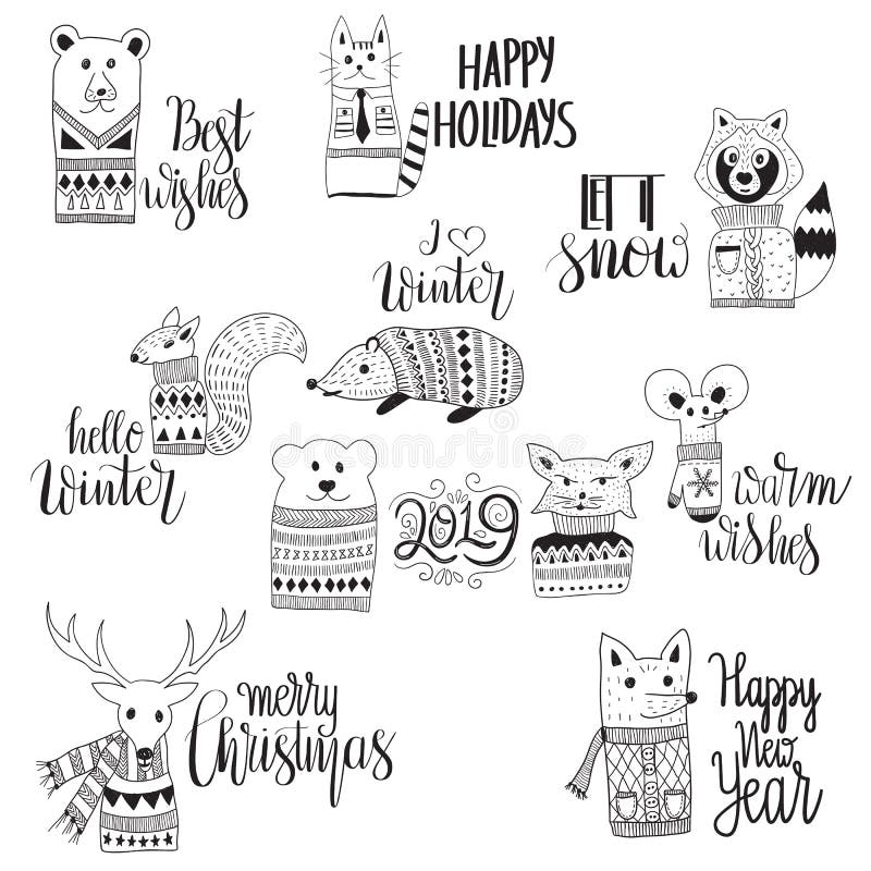 Cumprimentos engraçados do feriado de inverno do Natal da sagacidade dos animais do vetor ilustração stock Cumprimentos engraçados do feriado de inverno do Natal da sagacidade dos animais do vetor ilustração stock